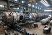 What Makes Distillation Column Fabrication Different from Standard Pressure Vessel Fabrication Distillation column shell being welded in a fabrication shop next to standard pressure vessels