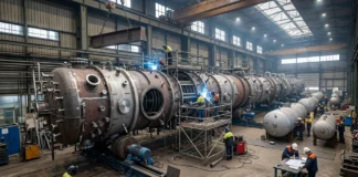 What Makes Distillation Column Fabrication Different from Standard Pressure Vessel Fabrication Distillation column shell being welded in a fabrication shop next to standard pressure vessels