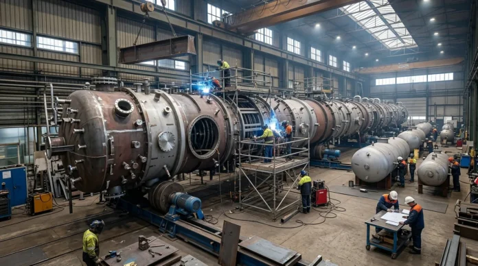 Distillation Column Fabrication Distillation column shell being welded in a fabrication shop next to standard pressure vessels
